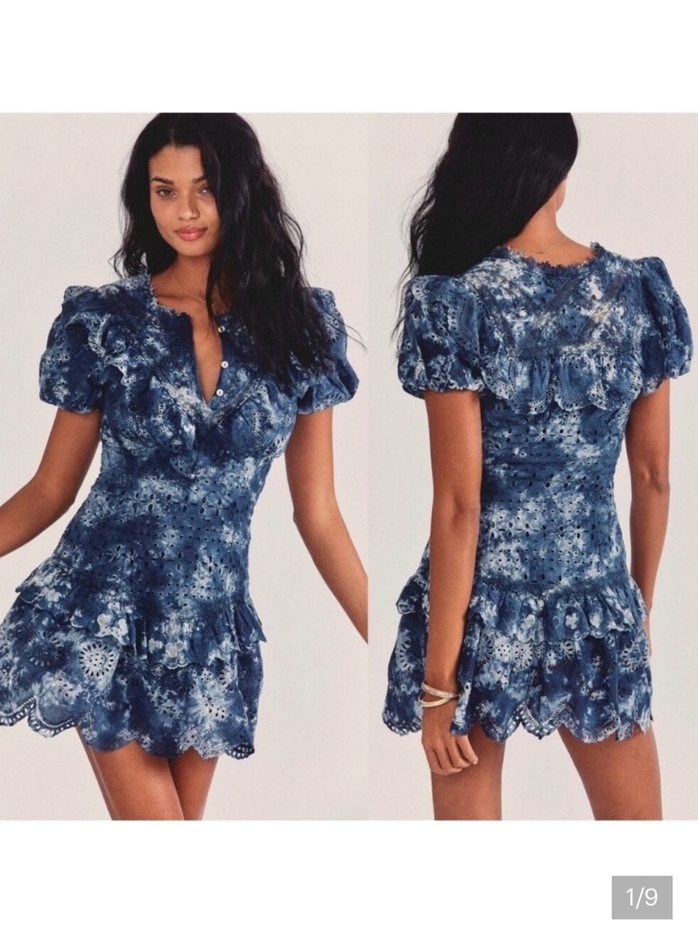 LOVESHACKFANCY FRITZI MIDNIGHT BLUE HAND-DYE RUFFLED MINI DRESS SIZE 0 VERY GOOD